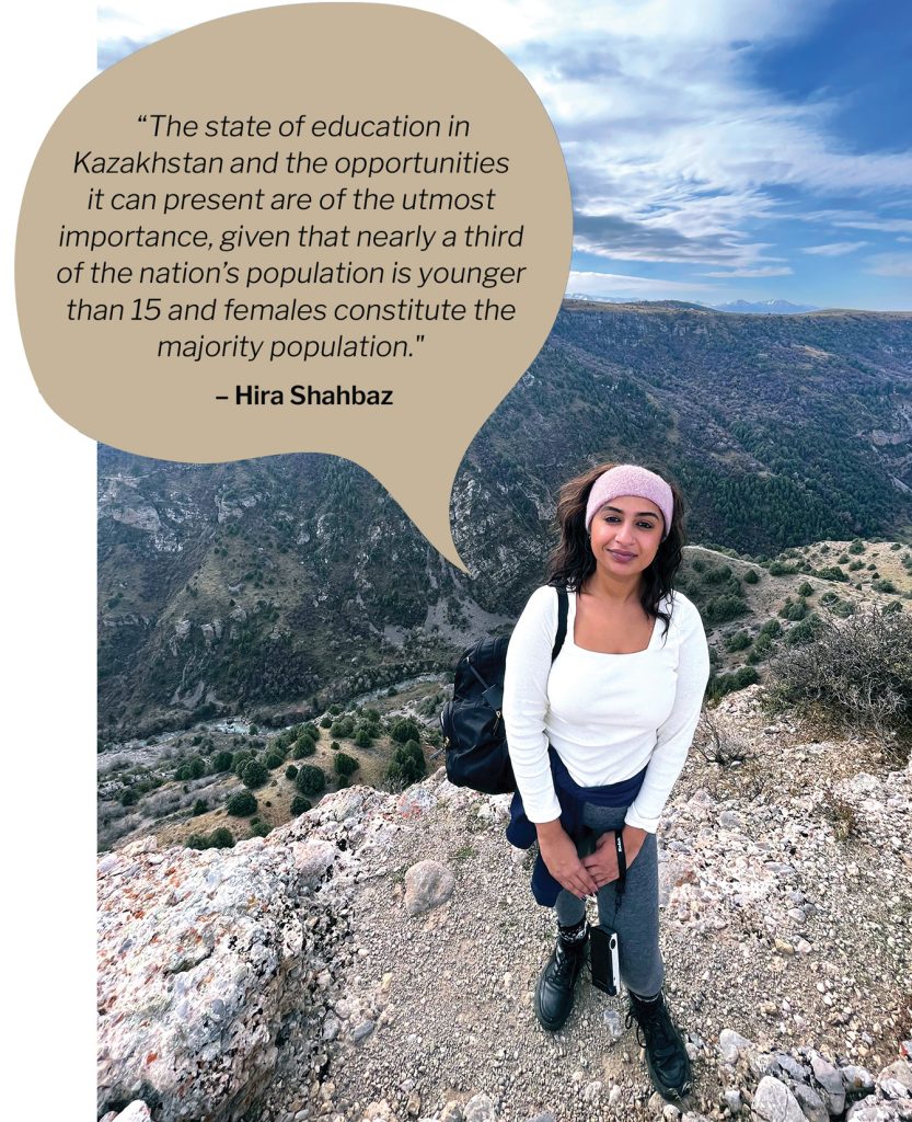 Hira Shahbaz ’20 on mountain with decorative speech bubble and quote that appears in text